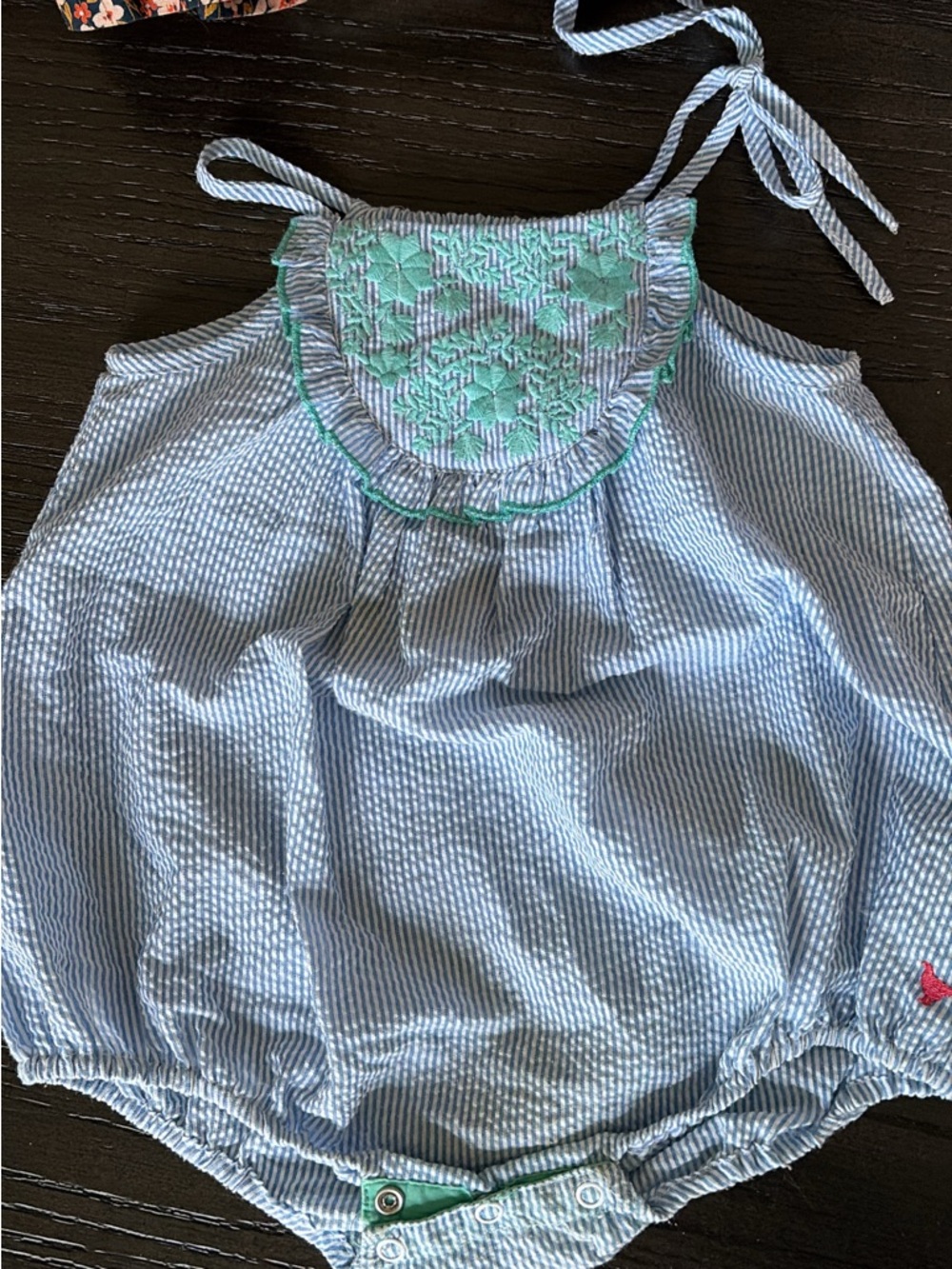 Pink Chicken Seersucker Smocked Baby Romper with Mint Embroidery